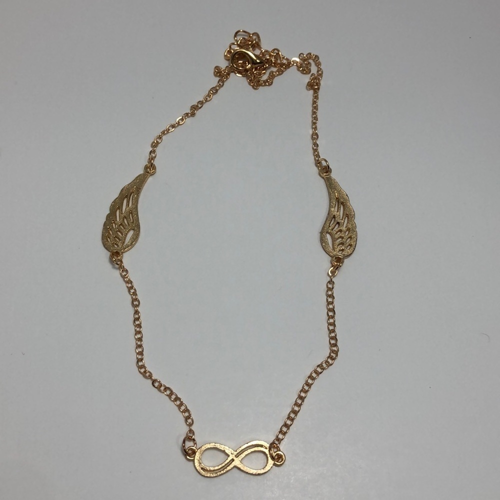 Gold Tone Infinity Angel Wing Charm Dainty Chain Necklace 16 Inch